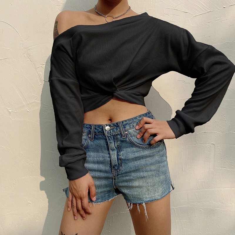 2020 Korea Hot Sale Pure White T-shirt Spring/Autumn Streetwear Knitted Tops for Women Tops for Women Full Sleeves