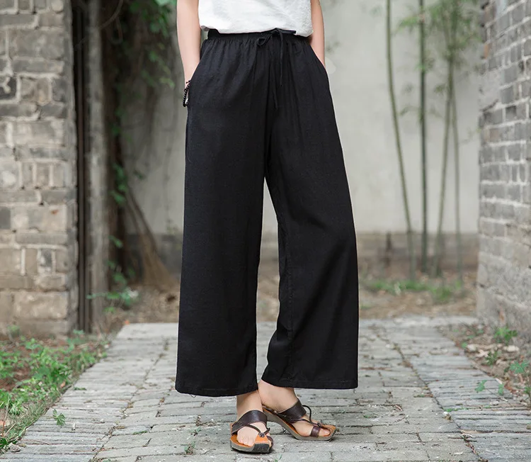 Johnature 2020 Autumn Women New Retro Elastic Waist Cotton Linen Lace Up Wide Leg Pants Loose Casual All-match Ankle-length Pant