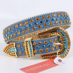 Fashion Luxe Rhinestones Belt Diamond Studded Waist Belt Vintage Premium Leather Designer Strap Buckle Men Blue Belts For Jeans