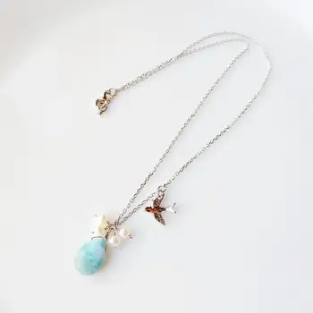 

LiiJi Unique Real Larimar Freshwater Pearl 925 Sterling Silver Peace Pigeon Pendant and Chain Link Necklace