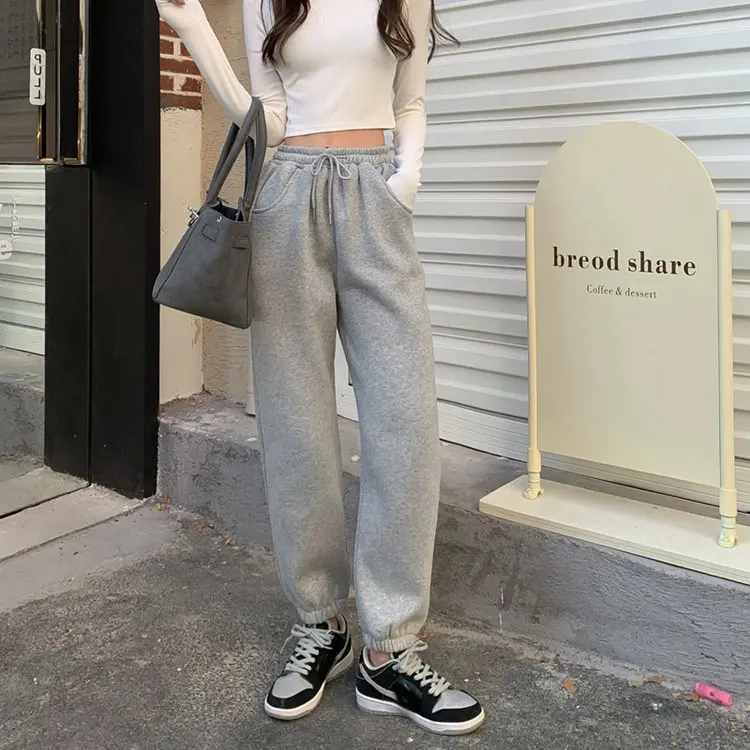 

Gym Solid Sweatpants Autumn Women Thick Warm Winter Female Drawstring High Waist Sportwear Joggers Trousers