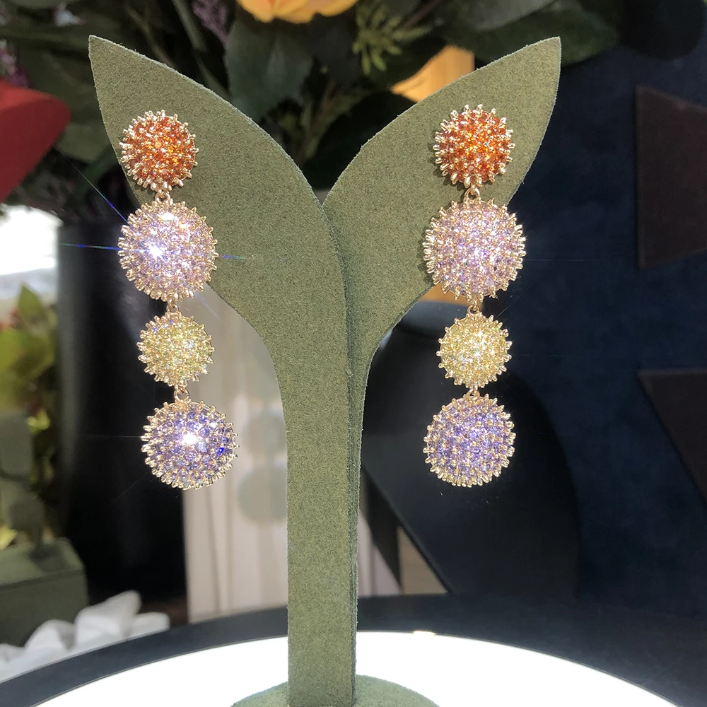 New Long Fashion Cubic Zirconia Pendant Drop Earrings for Women Luxury Geometry Round Half Ball Earring Wedding Party Jewelry