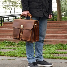 Винтажный Мужской портфель из натуральной кожи Подходит для ноутбука 14 дюймов, деловая сумка из коровьей кожи, двухслойная сумка-мессенджер, сумка-тоут для работы