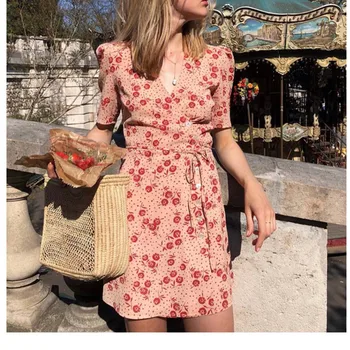 

New Summer short Sleeve Wrap Mini Dress 2020 New Viscose Floral Print One Piece Dresses lace-up waist Pink sundress For holiday