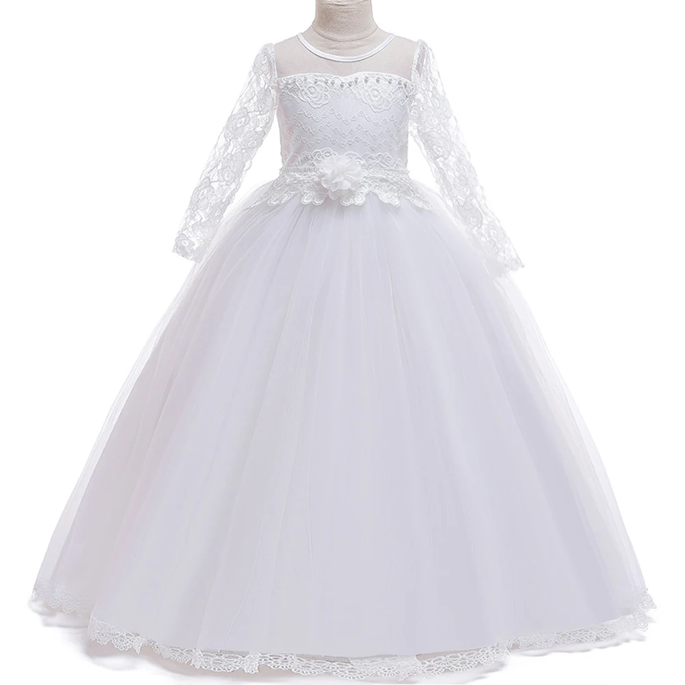 Для детей от 4 до 15 лет, детские длинные белые кружевные вечерние платья с цветами для крещения, платья для выпускного вечера детское платье принцессы для девочек на свадьбу, платье для причастия
