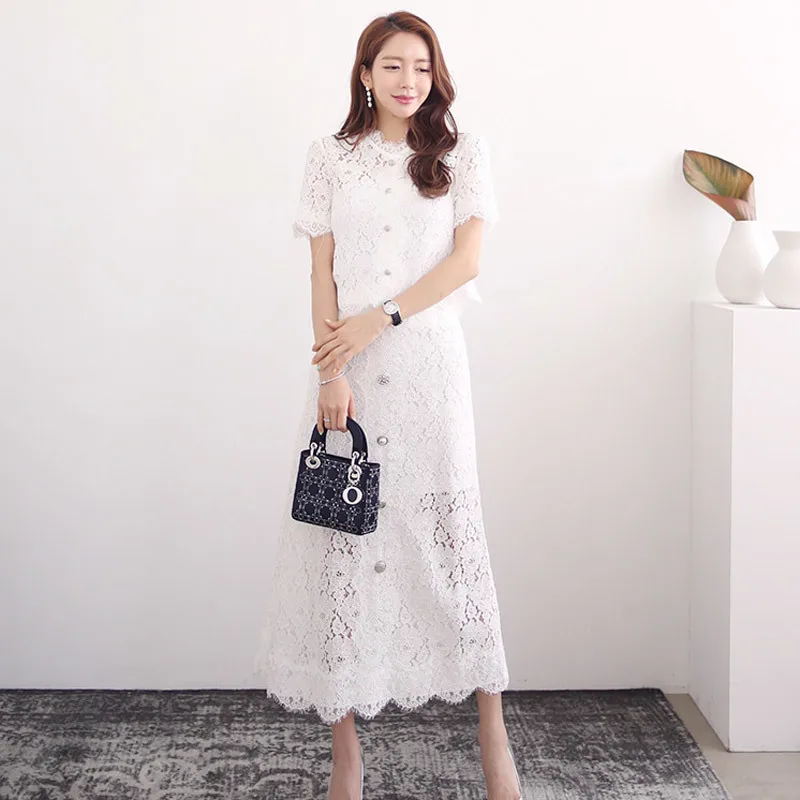 

2019 Summer Lace 2 Pieces Suits Women Short Sleeve Beading Button Lace Shirt Top + Single-Breasted A-Line Long Skirt Office Set
