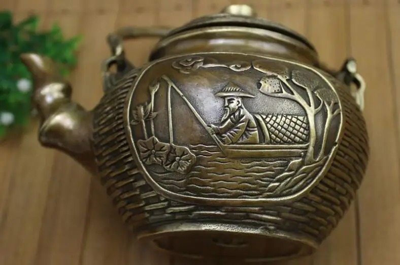 

Miscellaneous antiques collection bronze retro pure brass ornaments jiangtaigong fishing hand-held pot
