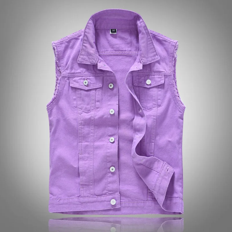 

New 2022 Men's Patches Design Jeans Vest Ripped Denim Waistcoat Men Denim Vest Man Sleeveless Jeans Vest Frayed Purple size 5XL