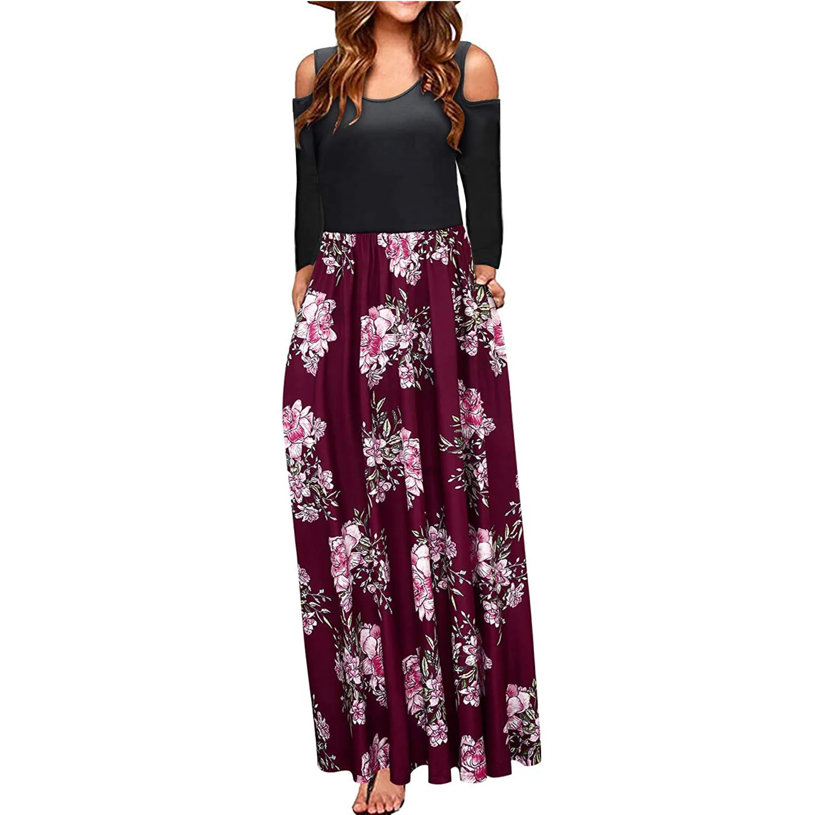 Plus Size Womens Fashion Off-Shoulder Halloween Print Long Sleeves O-Neck Dress Ladies Floor-Length Long Dress robe Vestido 1