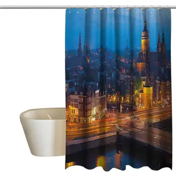 

City Cool Shower Curtain Rustic Night View of Amsterdam Famous Landmark European Urban Travel Architecture Bathroom Decor