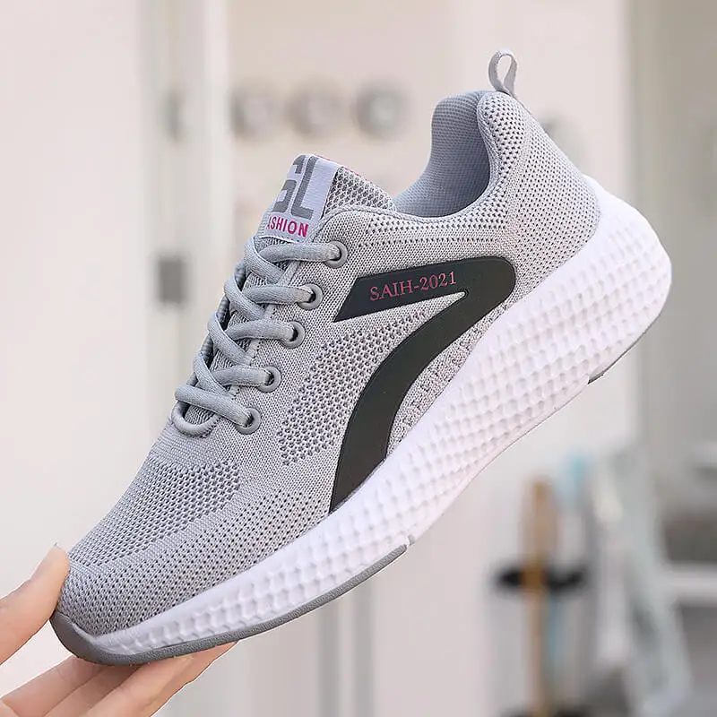 Mysky Fashion Women Simple Pure Color Breathable Mesh Outdoor Walking Shoes Ladies Casual Soft Lace-Up Sneakers