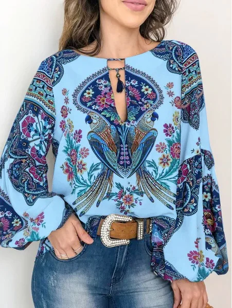 Boho блузка с цветочным принтом, рубашка Женская Повседневная свободная сексуальная с длинным рукавом винтажная Осенняя шикарные блузки женские блузы с рукавами «фонарик» Blusas - Цвет: blue