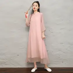 2019 китайское платье, китайский халат qipao Винтаж шифон qipao элегантные женские cheongsam воротник мандарина дзен медитация чайное платье