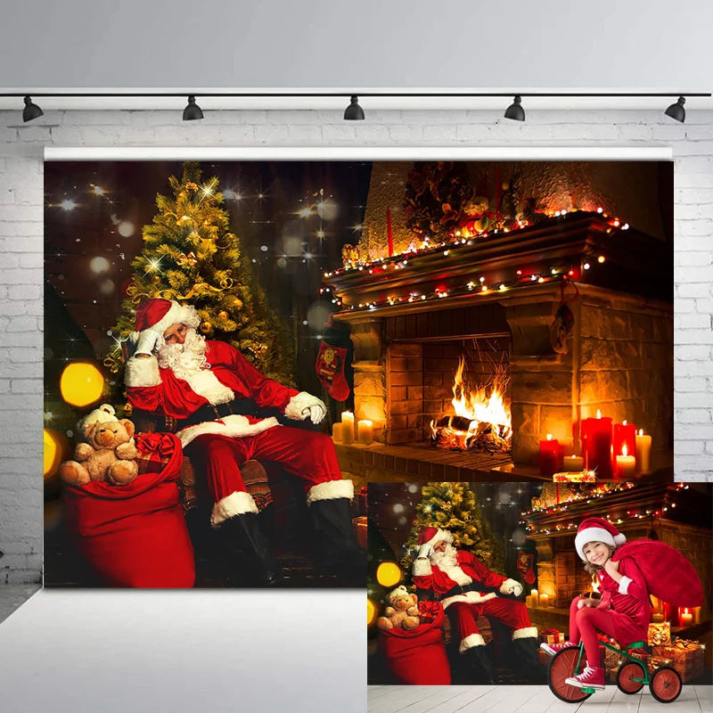 

NeoBack Christmas Party Backdrop Santa Claus Retro Vintage Fireplace Photo Background Gifts Toy Children Photography Backdrops