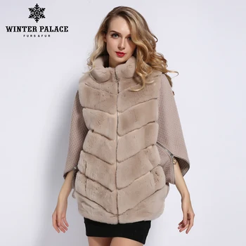 

WINTER PALACE 2019 Women's Winter Rabbit Fur Coat Bat Stand Collar Cashmere Stitching Sleeves Short Sleeve Jacket rea fur Coat