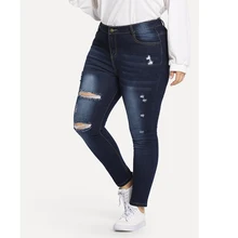 

DOIB Women Hole Jeans Plus Size Blue Slim Pencil Fashion Denim Jeans Autumn Large Size Trousers Washing 3XL Pants