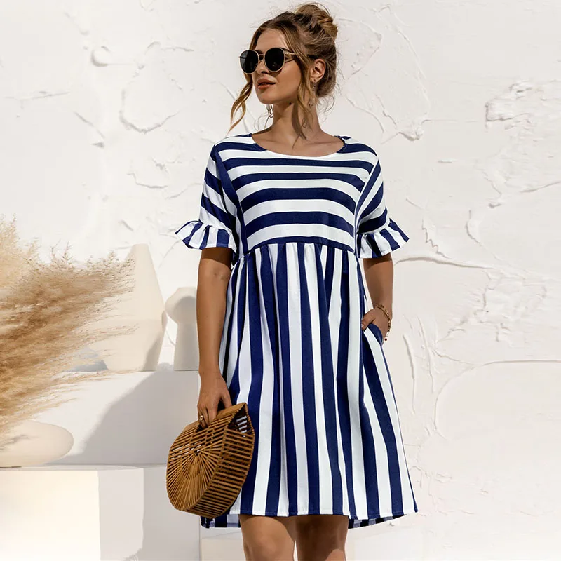 Dress Women Summer Cute Loose Striped Print Ruffles Sleeves Dresses Elegant A Line Patchwork Beach Party Female Dress Vestidos