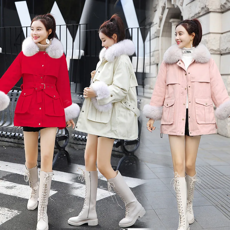

Photo Shoot 2019 Winter New Style Korean-style Mid-length Waist Hugging Fur Collar Workwear Brushed And Thick Cotton-padded Clot