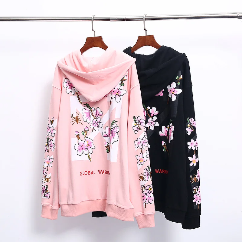 19ss Off-White OW цветы стрела Мужчины Женщины влюбленные Мода хлопок Повседневный кардиган на молнии толстовка с капюшоном Свободная куртка