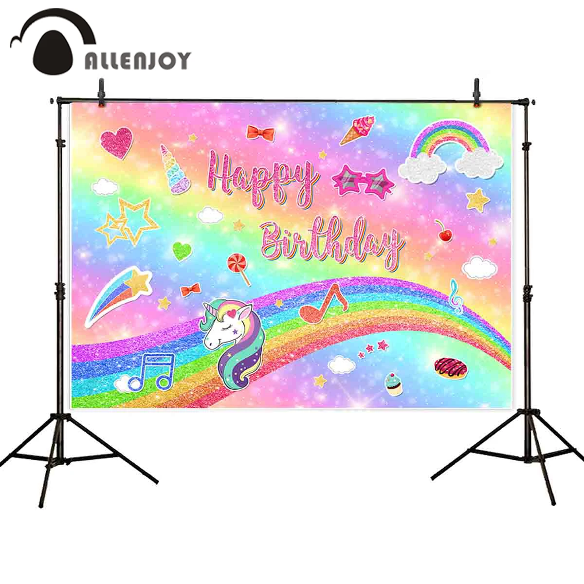 

Allenjoy Unicorn Party Wallpapers Colorful Rainbow Notes Clouds Stars Dessert Heart Glitter Banners Happy Birthday Curtain Decor