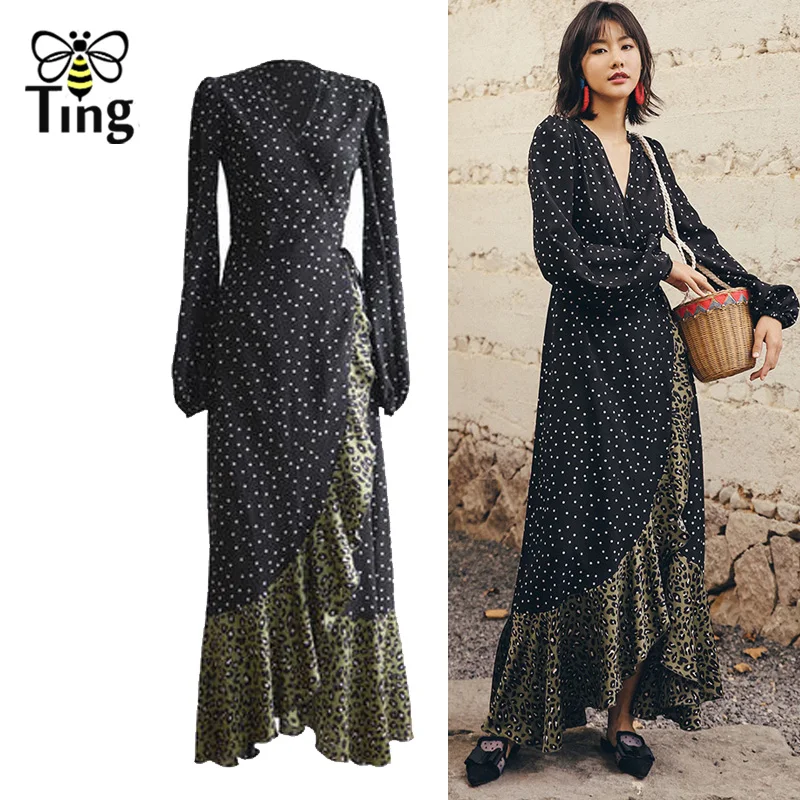 

Tingfly Spring Autumn Polka Dot Print with Leopard Long Boho Dress Women V neck Split Long Dress Casual Beach Holiday Vestidos