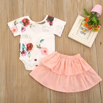 

Toddler Kids Baby Girls Floral Print Romper+Solid Ruffle Skirts Clothes Set for Children's Girls' Clothing Sets Outfit Sets