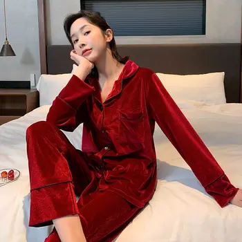

Autumn Winter Women Pajamas Sets Satin Velvet Sexy Warm Homewear Pijama Pyjamas Suit For Women Long Sleeves Pants Warm Sleepwear