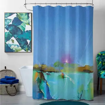 

Shower Curtains Long Art,Abstract Sunrise Nature Scenery with Fantasy Brushstroke Effects Expression Picture, Blue Aqua,W65 x