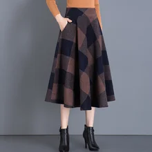 Винтажная женская зимняя клетчатая юбка в английском стиле, шерстяная юбка средней длины с высокой талией, элегантные юбки трапециевидной формы размера плюс DA59