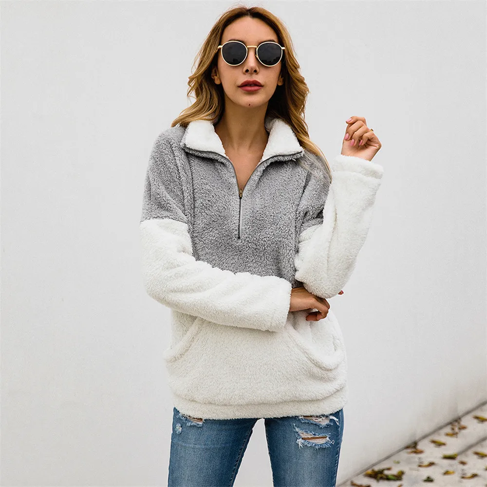 

Joineles Autumn Winter Stand Collar Color Block Women Casual Sweatshirts Pockets Zip Fleece Outwear Street Pullover Femme Tops