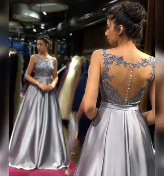 

Formal Dress Women 2020 Evening A-line Satin Gray Sleeveless Lace Appliques Crystal Beading Scoop Backless Gorgeous Elegant