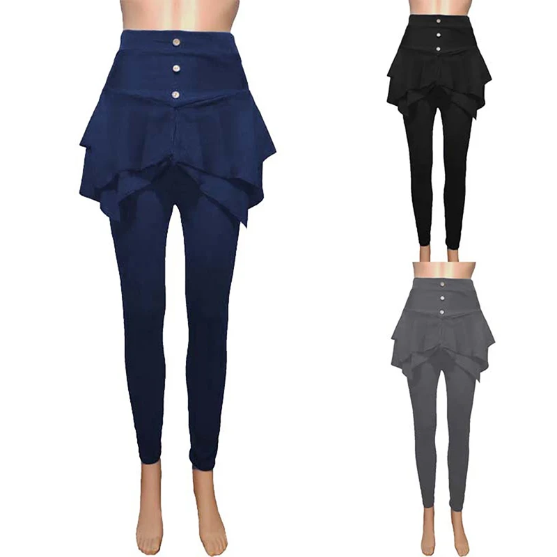 Newest Women Solid Color Ruffle Irregular High Waist Long Pants Layered 3-Button Mini Skirt Leggings Fitness Trousers With | Женская