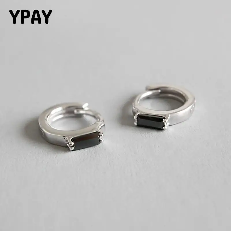 

YPAY Classic Black Zircon Circle Hoop Earring for Women 100% Genuine 925 Sterling Silver Anti-allergic Fine Jewelry Gift YME302