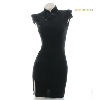 

Japanese Classical Split Dark Black Cheongsam Nightdress Girls Student Sleeveless Solid color Sexy Pajamas Homewear Cosplay