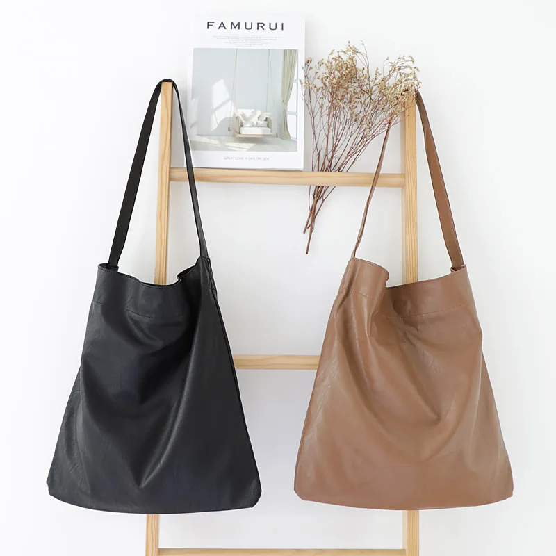 

Korean retro large capacity tote bag simple student soft leather solid color handbag fashion shoulder bag women bag