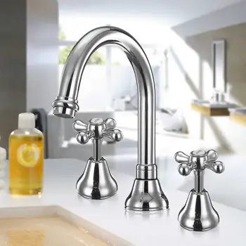

Bathroom Basin Sink Faucet 3 Holes Double Handle Luxury Hot and Cold Mixer Water Bathbasin Bathtub Taps