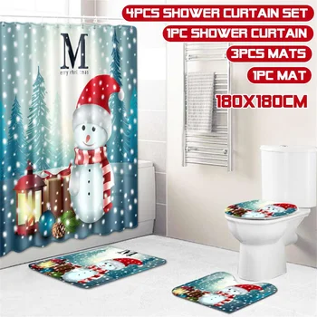 

3d Blue Snowman Shower Curtain Set Bath Mats Rugs Merry Christmas Bathroom Accessories Sets Non Slip Rug Toilet Cover