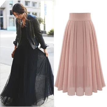 

2018 Popula Wise New Large Medium Length Pleated Skirt High Waist Skirt New Chiffon Solid Color Large Swing Skirt
