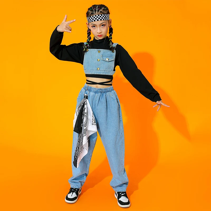 Jazz Costume Girls Hip Hop Clothes Denim Long Sleeves Performance Outfit Modern Street Dance Clothing Kids Rave Clothes BL7230