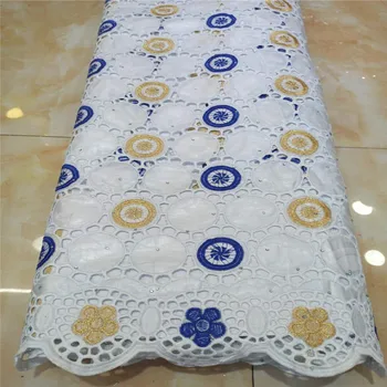 

African bazin riche fabric with brode Latest fashion embroidery bazin lace fabric with net lace 5 yards white/gold