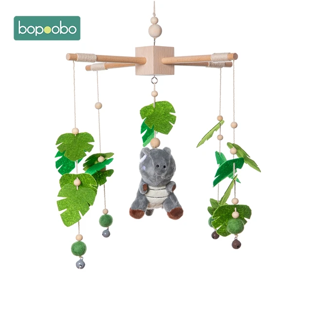 Bopoobo 1set Silicone Beads Baby Mobile Beech Wood Bird Rattles Wool Balls Kid Room Bed Hanging Decor Nursing Children Products Green Dino