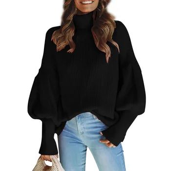 

Women Winter Sweater Tops High Collar Lantern Sleeve Loose Knit Sweater Warm Solid Color JL