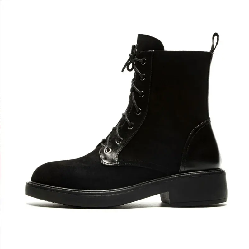 

Women's Genuine Leather Round Toe Platform Boots Low Heels Personality Black Stitching Martin Boots Ankle Lace Up Bootie