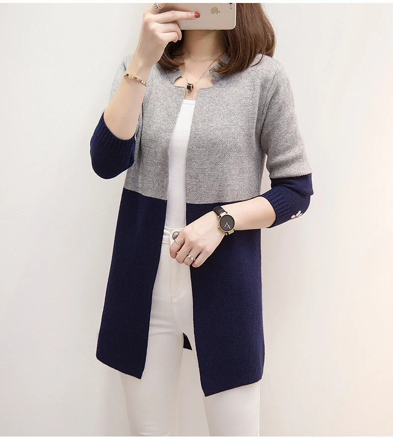 Осень Зима длинный кардиган, свитер женский лоскутный контрастный цвет длинный рукав кардиган куртка женские корейские свитера 1072