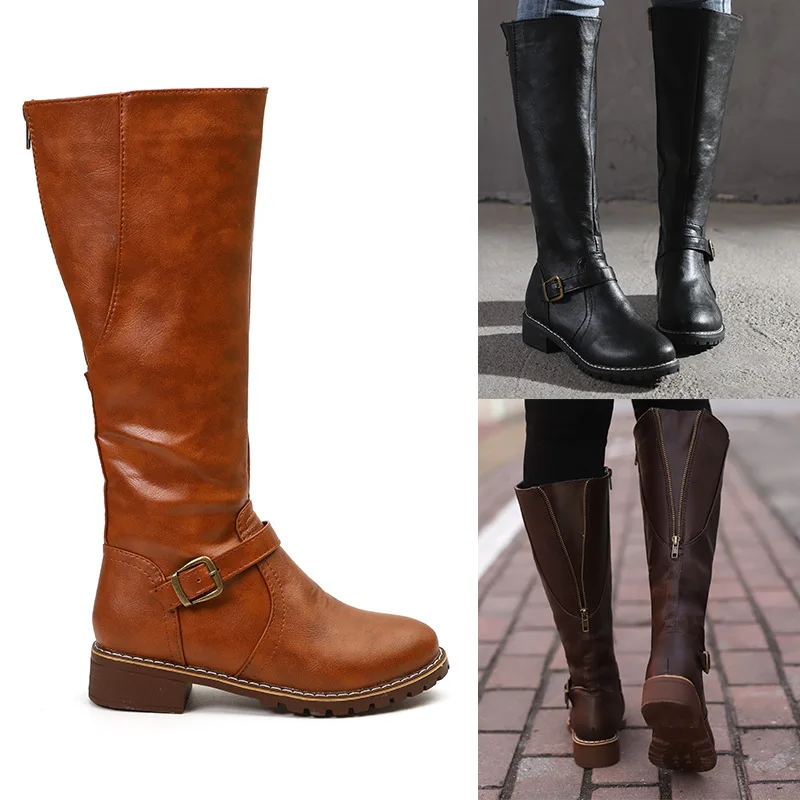 Botas largas de cuero para Mujer, botines informales con hebilla de  cinturón y cremallera, holgados hasta el muslo, calzado para otoño e  invierno, 890|Botas hasta la rodilla| - AliExpress