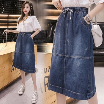 

Autumn Woman Plus Size Denim Skirt New Korean Edition Elastic High Waist Solid Pocket Midi Jeans Skirt Loose Casual A Line Skirt