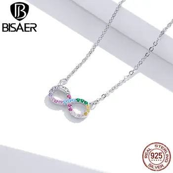 

BISAER Necklace 925 Sterling Silver Infinity Love Colorful Zircon Clavicle Chain Link For Women Luxury Silver Jewelry HSN402