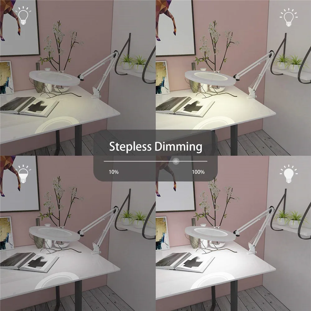  LED Magnifying Table Lamp Metal Clamp Swing Arm Desk Lamp Stepless Dimming 3Colors 7W Magnifier LED