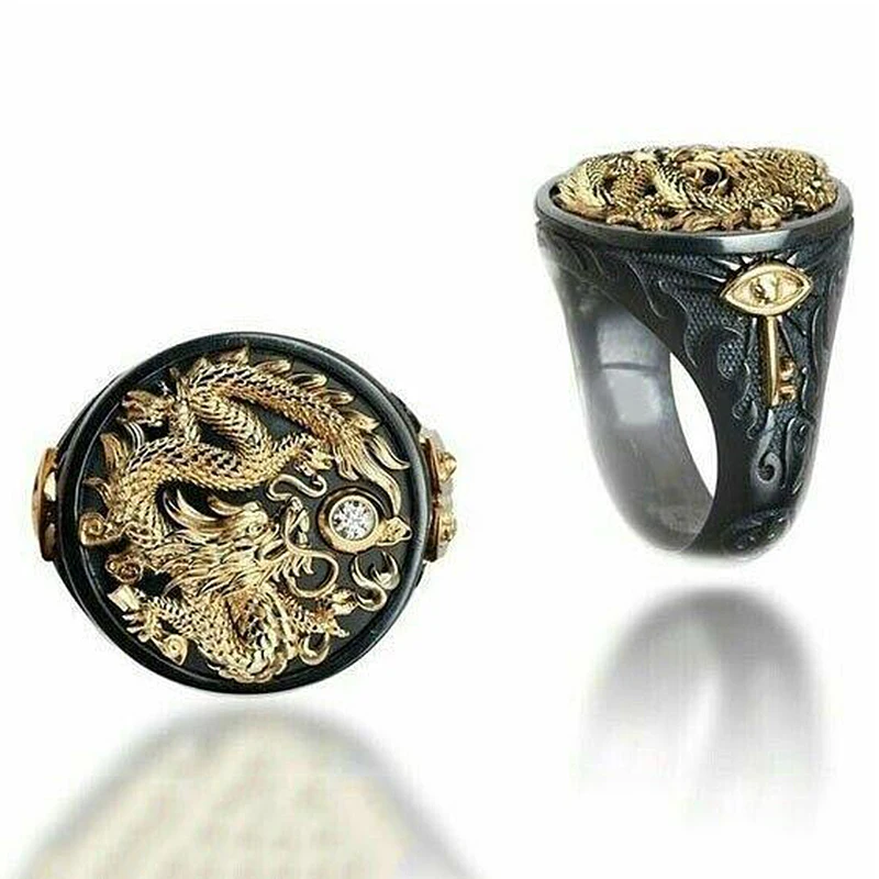 

2019 Gold Black Ring Gold Color Dragon CZ Stone Ball Male Ring Vintage Punk Hip Hop Finger Ring For Men Ethnic Jewelry O5P139