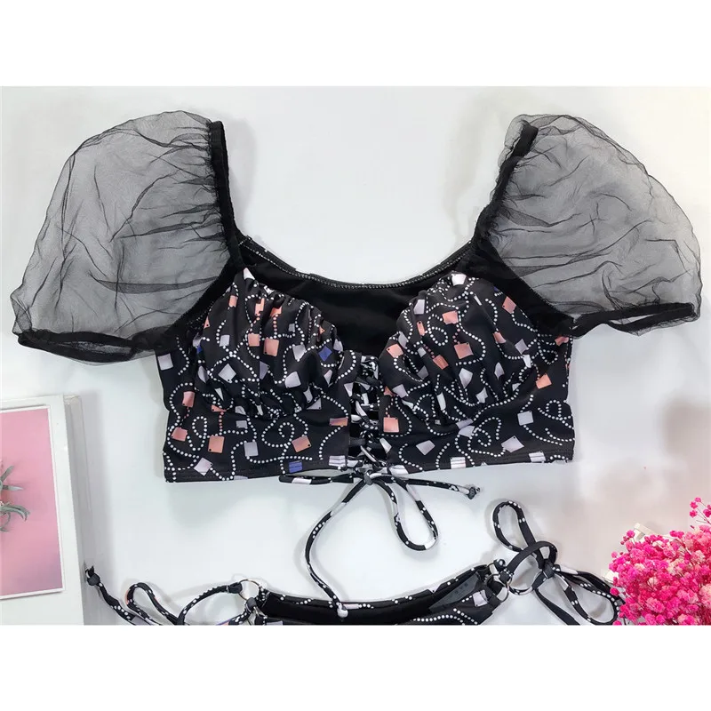 Trendy Bikini Set Lady 2020 Bandage Bikini with Lace Short Sleeve Geometric Print Swimusit Swimwear Women Beachwear Bathing Suit Trendy Bikini Set Lady 2020 Bandage Bikini with Lace Short Sleeve Geometric Print Swimusit Swimwear Women Beachwear Bathing Suit